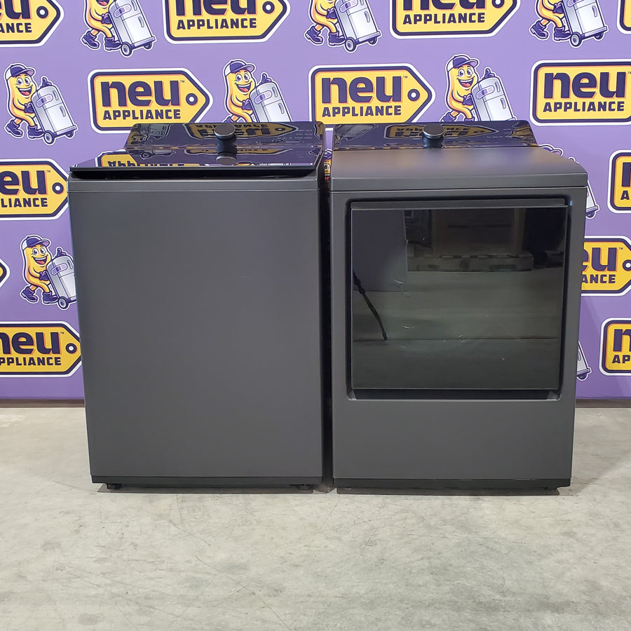 LG 5.3 cu. ft. Capacity Top Load Washer with 4-Way® Agitator and EasyUnload™ WT8405CB - Open Box and LG 7.3 cu. ft. Capacity Smart Rear Control Electric Dryer with AI Sensing, EasyLoad™ Door DLE8400BE - Open Box