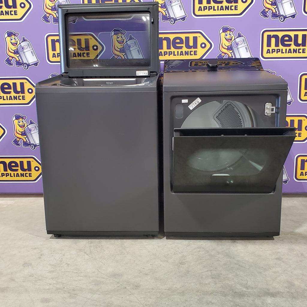 Pictures of LG 5.3 cu. ft. Capacity Top Load Washer with 4-Way® Agitator and EasyUnload™ WT8405CB - Open Box and LG 7.3 cu. ft. Capacity Smart Rear Control Electric Dryer with AI Sensing, EasyLoad™ Door DLE8400BE - Open Box - Neu Appliance Outlet - Discount Appliance Outlet in Austin, Tx
