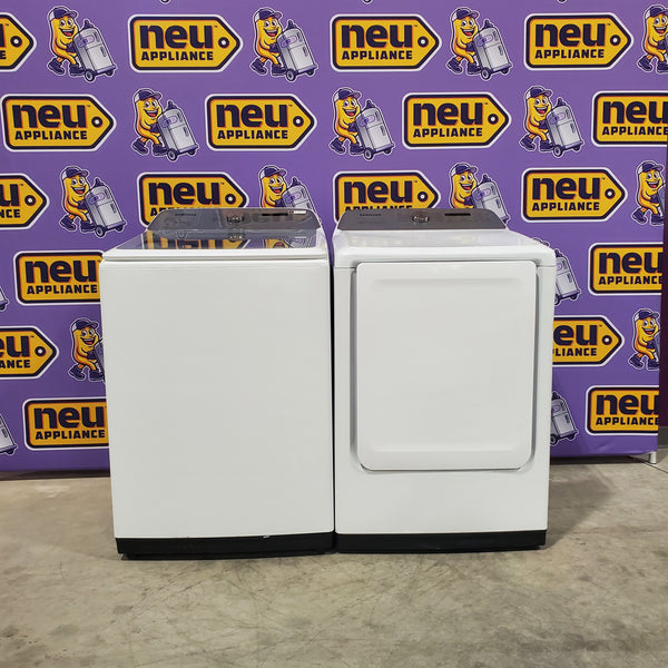 Samsung White Top Load 5.4 Cu. Ft. Washer with Active Water Jet WA50R5200AW/US - Certified Refurbished and Samsung White 7.4 cu. ft. Electric Dryer in White with Steam Sanitize+ DVE54R7200W/A3 - Certified Refurbished