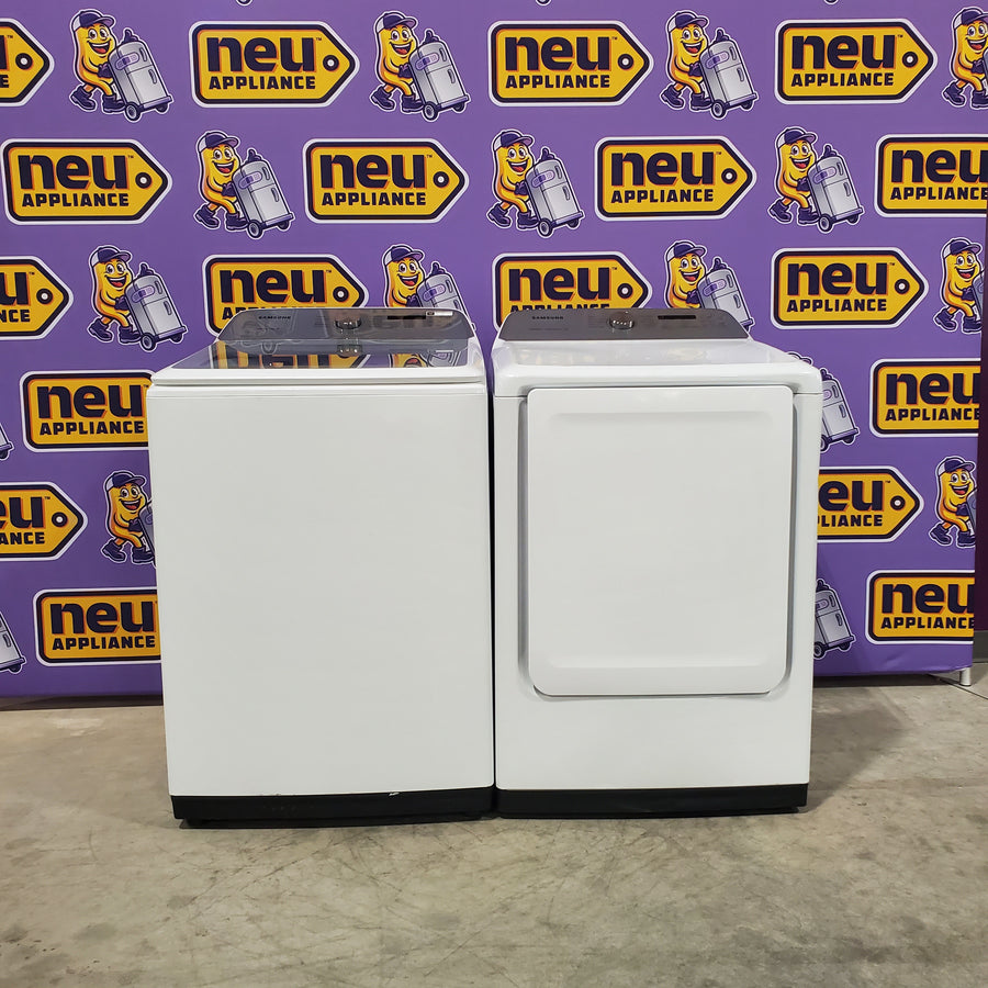 Samsung White Top Load 5.4 Cu. Ft. Washer with Active Water Jet WA50R5200AW/US - Certified Refurbished and Samsung White 7.4 cu. ft. Electric Dryer in White with Steam Sanitize+ DVE54R7200W/A3 - Certified Refurbished