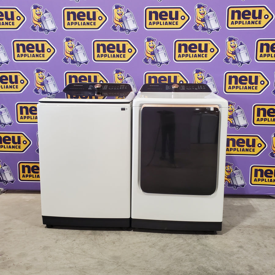 Samsung Smart Top Load 5.5 Cu. Ft. with Auto Dispense Washer WA55CG7500AE - Open Box  and  Samsung 7.4 cu. ft. Vented Smart Gas Dryer in Ivory with Steam Sanitize+ DVG55CG7500E - Scratch & Dent (Minor)