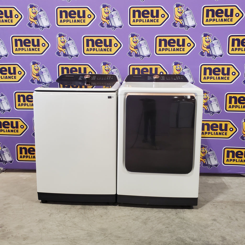 Pictures of Samsung Smart Top Load 5.5 Cu. Ft. with Auto Dispense Washer WA55CG7500AE - Open Box and Samsung 7.4 cu. ft. Vented Smart Gas Dryer in Ivory with Steam Sanitize+ DVG55CG7500E - Scratch & Dent (Minor) - Neu Appliance Outlet - Discount Appliance Outlet in Austin, Tx