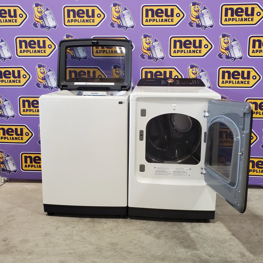 Pictures of Samsung Smart Top Load 5.5 Cu. Ft. with Auto Dispense Washer WA55CG7500AE - Open Box and Samsung 7.4 cu. ft. Vented Smart Gas Dryer in Ivory with Steam Sanitize+ DVG55CG7500E - Scratch & Dent (Minor) - Neu Appliance Outlet - Discount Appliance Outlet in Austin, Tx