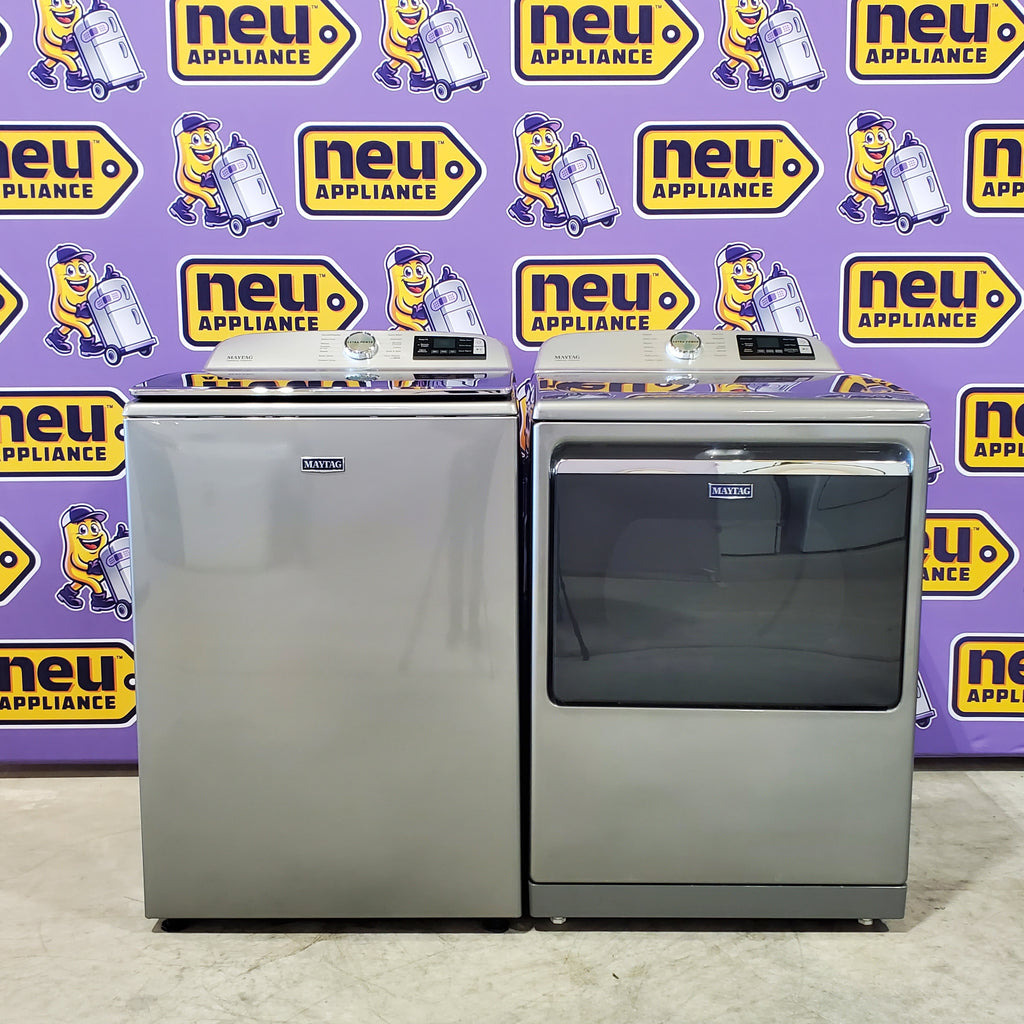Pictures of Maytag 5.3 cu. ft. Metallic Slate Smart Capable ENERGY STAR Top Load Washing Machine with Extra Power MVW7232HC - Scratch & Dent (Minor) and Maytag 7.4 Cu. Ft. Metallic Slate Electric Dryer with Extra Power MED7230HC - Open Box - Neu Appliance Outlet - Discount Appliance Outlet in Austin, Tx