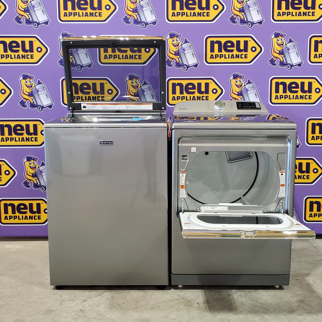 Pictures of Maytag 5.3 cu. ft. Metallic Slate Smart Capable ENERGY STAR Top Load Washing Machine with Extra Power MVW7232HC - Scratch & Dent (Minor) and Maytag 7.4 Cu. Ft. Metallic Slate Electric Dryer with Extra Power MED7230HC - Open Box - Neu Appliance Outlet - Discount Appliance Outlet in Austin, Tx