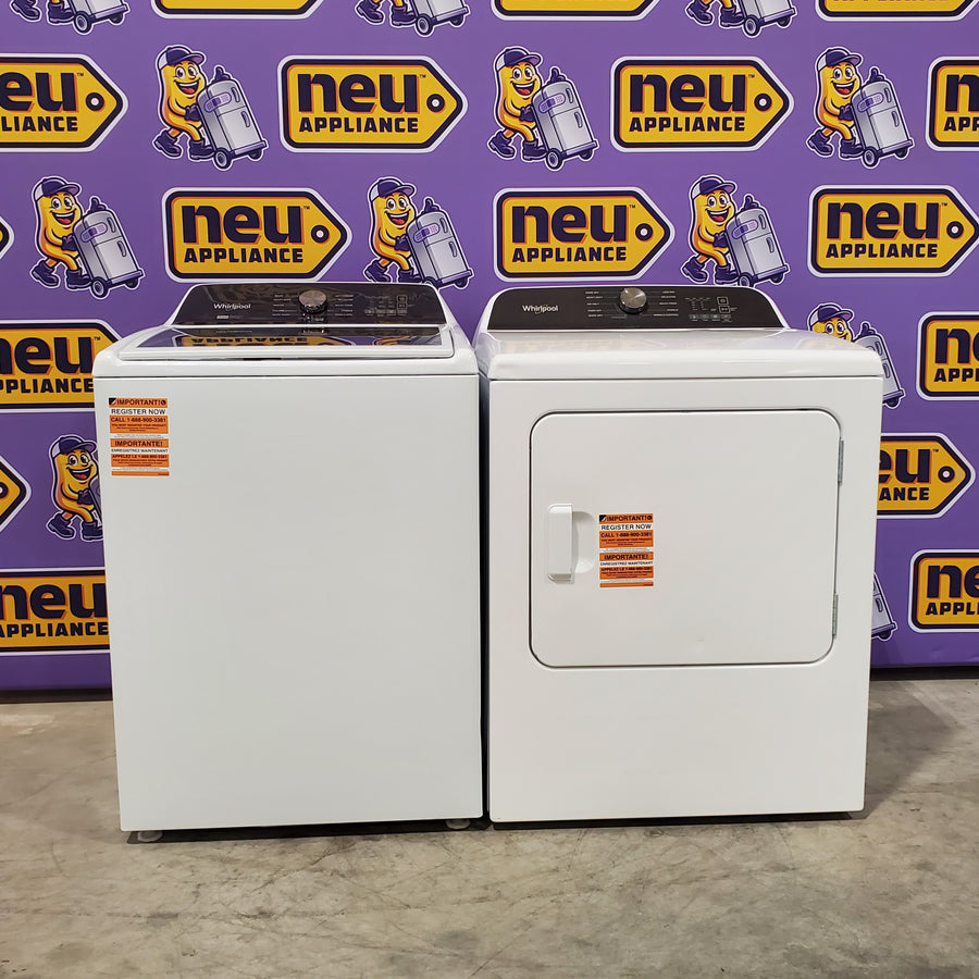 Whirlpool Top Load 4.7 Cu. Ft. Washer in White with 2-in-1 Removable Agitator WTW5057LW - Scratch & Dent - Minor and Whirlpool 7.0 Cu. Ft. Long Vent Electric Moisture Sensing Dryer WED500CMW - Open Box