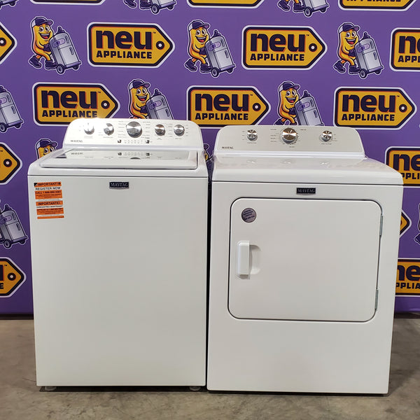 Maytag Top Load 4.7 cu. ft. Agitator Washer with Extra Power and Deep Fill Option MVW5435PW - Open Box and MayTag 7.0 cu. ft. Top Load Electric Wrinkle Prevent Dryer MED4500MW - Scratch & Dent (Minor)