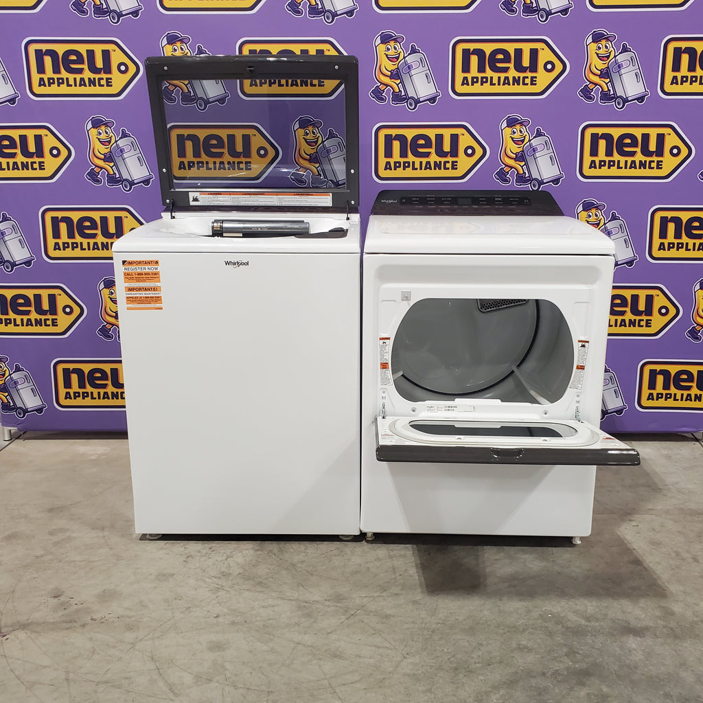 Pictures of Whirlpool High Efficiency Agitator Large Top-Load Washer in White WTW5105HW - Scratch & Dent (Minor) and Whirlpool 7.4 cu. ft. Electric Dryer with AccuDry Sensor and Wrinkle Shield WED5100HW - Scratch & Dent (Minor) - Neu Appliance Outlet - Discount Appliance Outlet in Austin, Tx