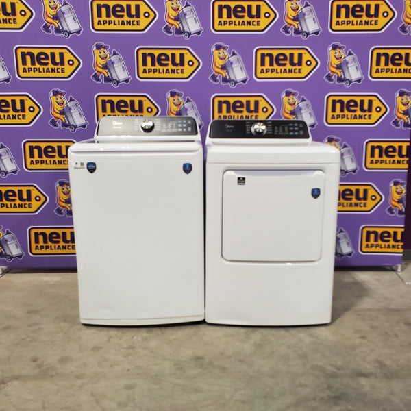 Midea 4.5 cu. ft. Smart Top Load Washer with Wave-Impeller in White MLV45N3BWW - Scratch & Dent (Moderate) and Midea 7 cu. ft. Smart Electric Tumble Dryer with Sensor Dry MLTE45N4BWW - Scratch & Dent (Minor)