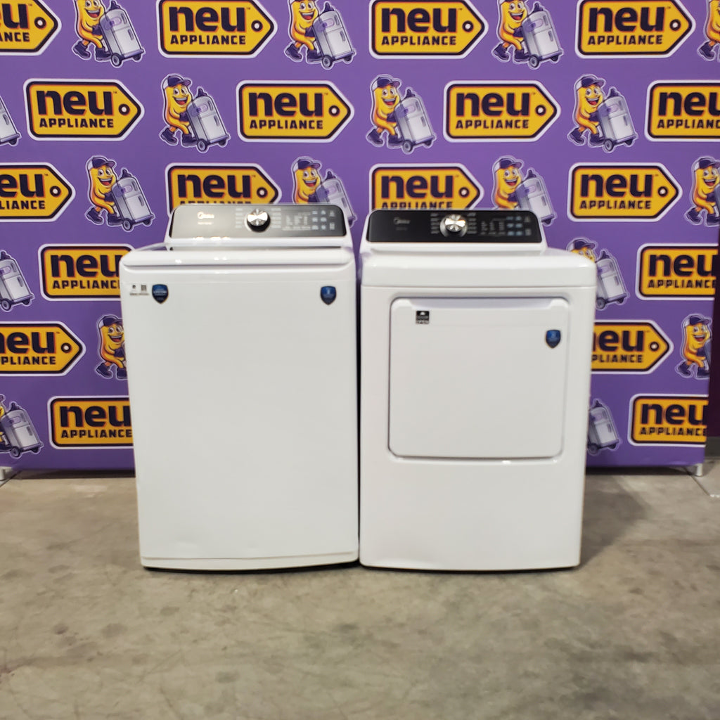 Pictures of Midea 4.5 cu. ft. Smart Top Load Washer with Wave-Impeller in White MLV45N3BWW - Scratch & Dent (Moderate) and Midea 7 cu. ft. Smart Electric Tumble Dryer with Sensor Dry MLTE45N4BWW - Scratch & Dent (Minor) - Neu Appliance Outlet - Discount Appliance Outlet in Austin, Tx
