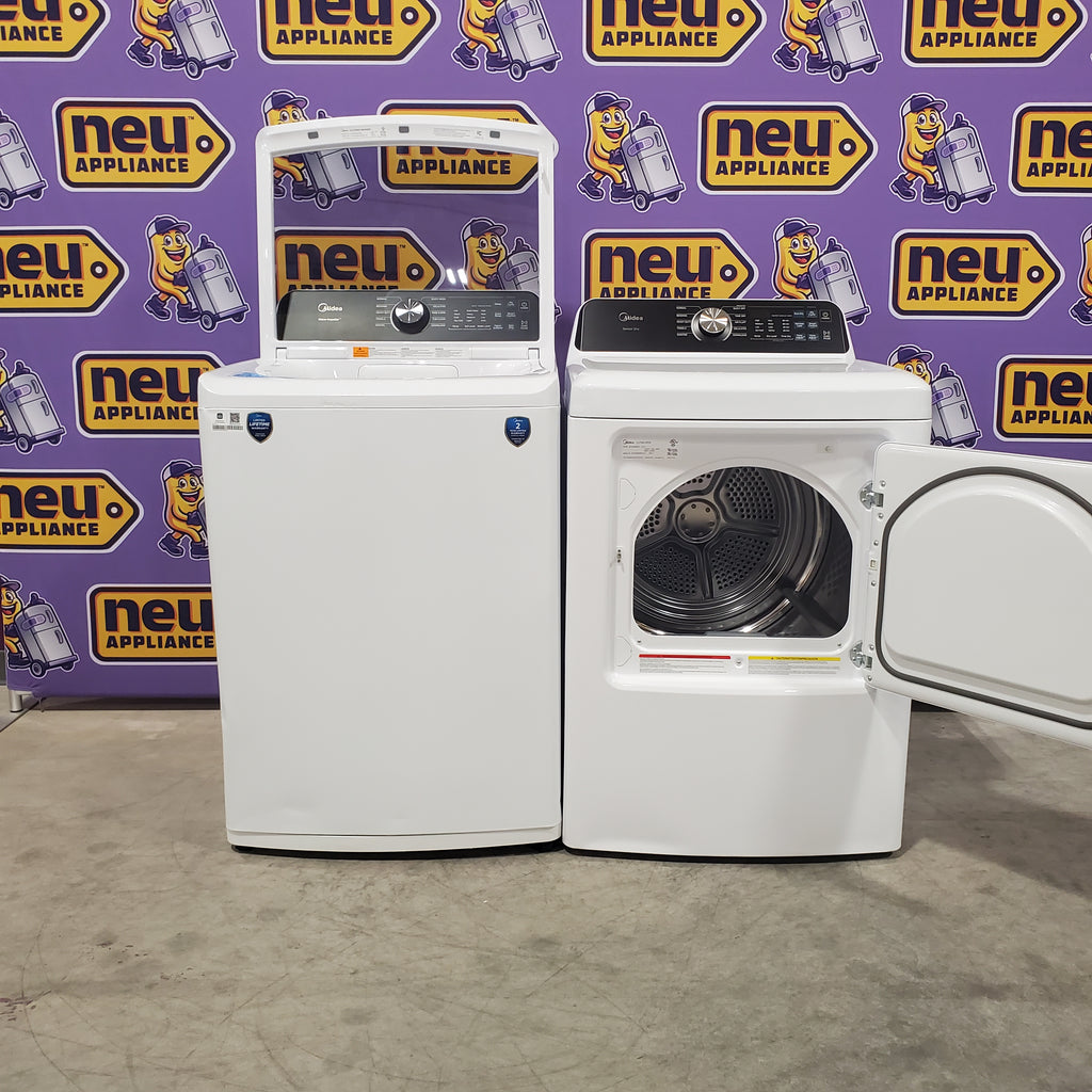 Pictures of Midea 4.5 cu. ft. Smart Top Load Washer with Wave-Impeller in White MLV45N3BWW - Scratch & Dent (Moderate) and Midea 7 cu. ft. Smart Electric Tumble Dryer with Sensor Dry MLTE45N4BWW - Scratch & Dent (Minor) - Neu Appliance Outlet - Discount Appliance Outlet in Austin, Tx