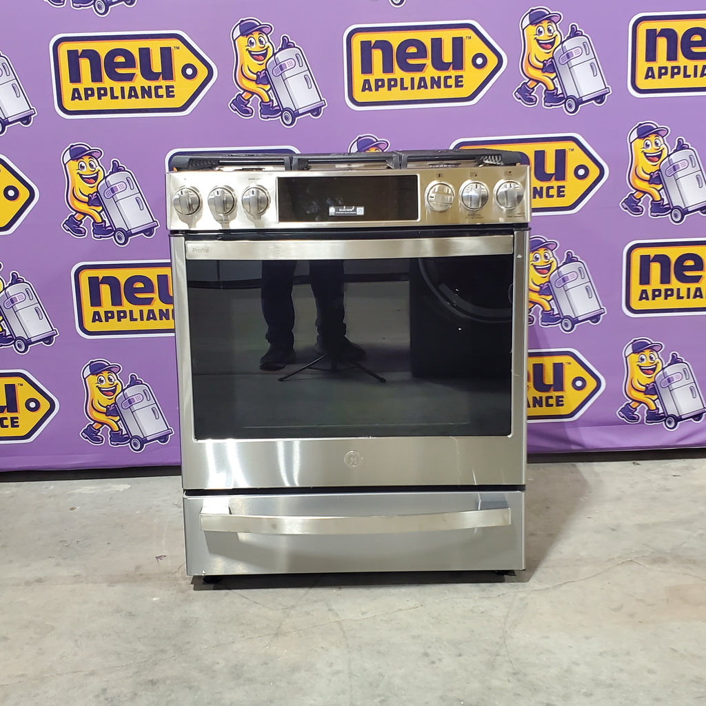 Pictures of GE Profile™ 30" Smart Slide-In Front-Control Gas Fingerprint Resistant Stainless Range with No Preheat Air Fry PGS930YPFS - New in Box - Neu Appliance Outlet - Discount Appliance Outlet in Austin, Tx