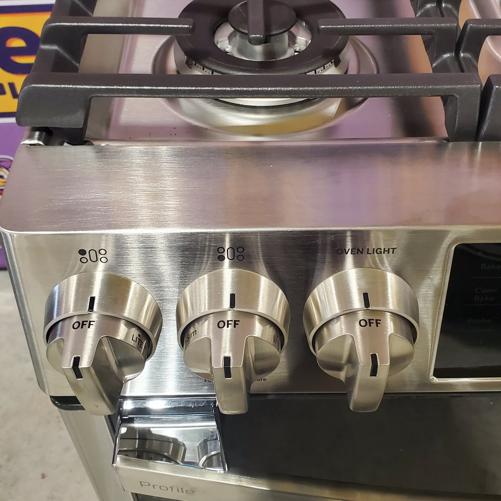 Pictures of GE Profile™ 30" Smart Slide-In Front-Control Gas Fingerprint Resistant Stainless Range with No Preheat Air Fry PGS930YPFS - New in Box - Neu Appliance Outlet - Discount Appliance Outlet in Austin, Tx