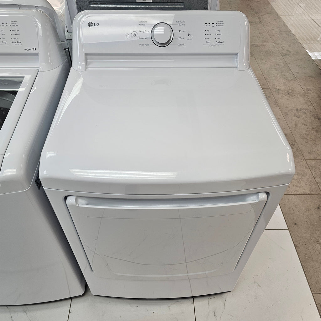 Pictures of LG White Top Load 4.1 Cu. Ft. Washer with TurboDrum Technology WT6105CW - Scratch & Dent (Minor) and LG 7.3 Cu. Ft. Electric Rear Control Ultra Large Capacity Dryer in White with Sensor Dry DLE6100W - Open Box - Neu Appliance Outlet - Discount Appliance Outlet in Austin, Tx