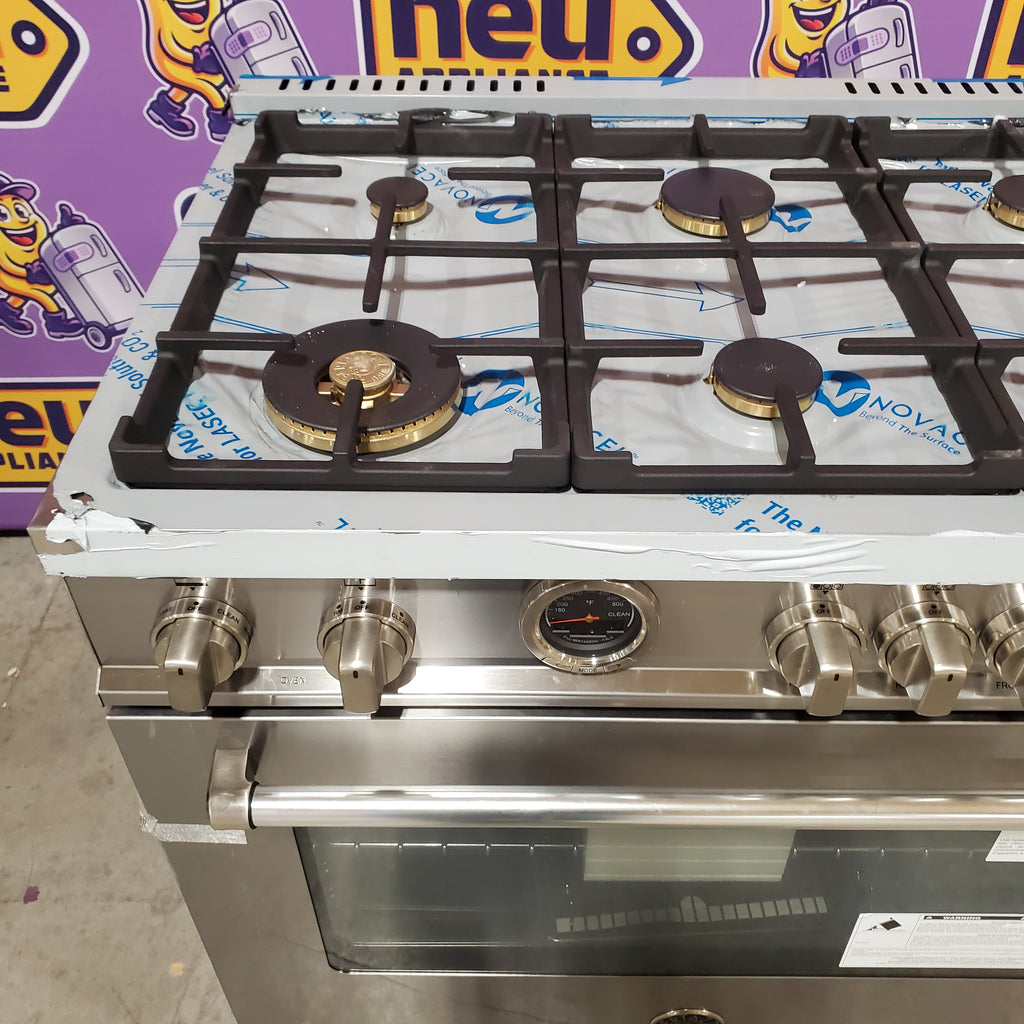 Pictures of Bertazzoni 36 inch Dual Fuel Range, 6 Brass Burners and Cast Iron Griddle, Electric Self-Clean Oven 11131SD63 - MAST366DFSXT - Open Box - Neu Appliance Outlet - Discount Appliance Outlet in Austin, Tx