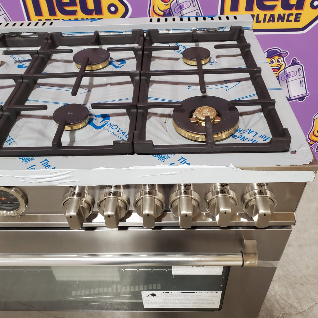 Pictures of Bertazzoni 36 inch Dual Fuel Range, 6 Brass Burners and Cast Iron Griddle, Electric Self-Clean Oven 11131SD63 - MAST366DFSXT - Open Box - Neu Appliance Outlet - Discount Appliance Outlet in Austin, Tx