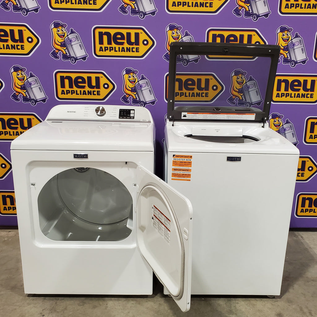 Pictures of Maytag Top Load 4.8 cu ft Washer with Deep Fill and Slow-Close Glass Lid MVW6200KW - Scratch & Dent (Minor) and Maytag 7.0 cu ft Electric Dryer with Moisture Sensing and Quick Dry Cycle 16159 - MED6200KW - Scratch & Dent (Minor) - Neu Appliance Outlet - Discount Appliance Outlet in Austin, Tx