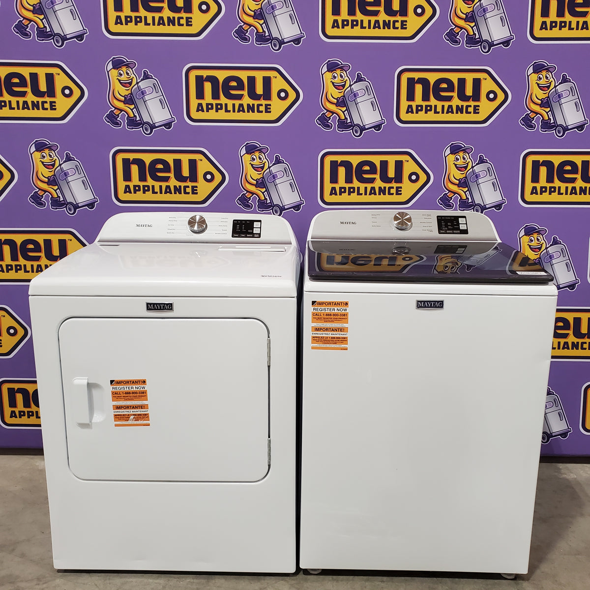 Maytag Top Load 4.8 cu ft Washer with Deep Fill and Slow-Close Glass Lid MVW6200KW - Scratch & Dent (Moderate) and Maytag 7.0 cu ft Electric Dryer with Moisture Sensing and Quick Dry Cycle 16176 - MED6200KW - Scratch & Dent (Moderate)