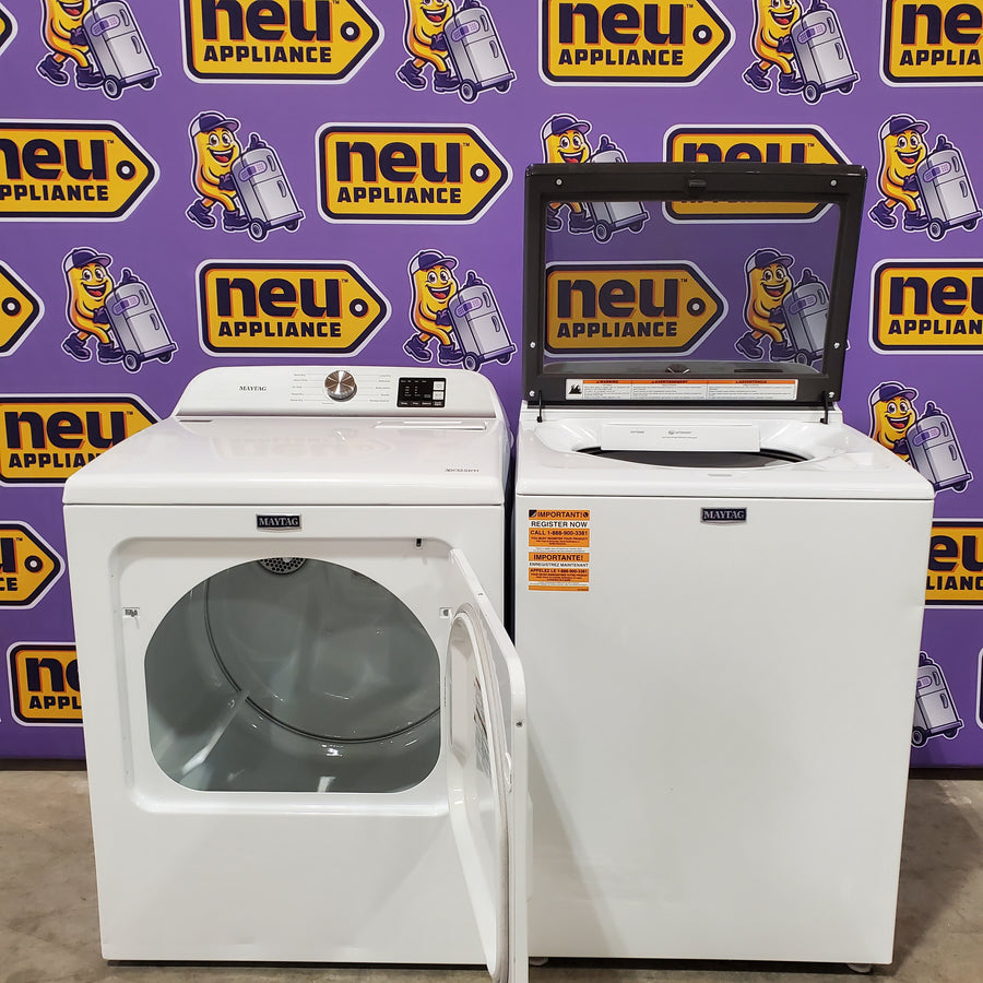 Maytag Top Load 4.8 cu ft Washer with Deep Fill and Slow-Close Glass Lid MVW6200KW - Scratch & Dent (Moderate) and Maytag 7.0 cu ft Electric Dryer with Moisture Sensing and Quick Dry Cycle 16176 - MED6200KW - Scratch & Dent (Moderate)