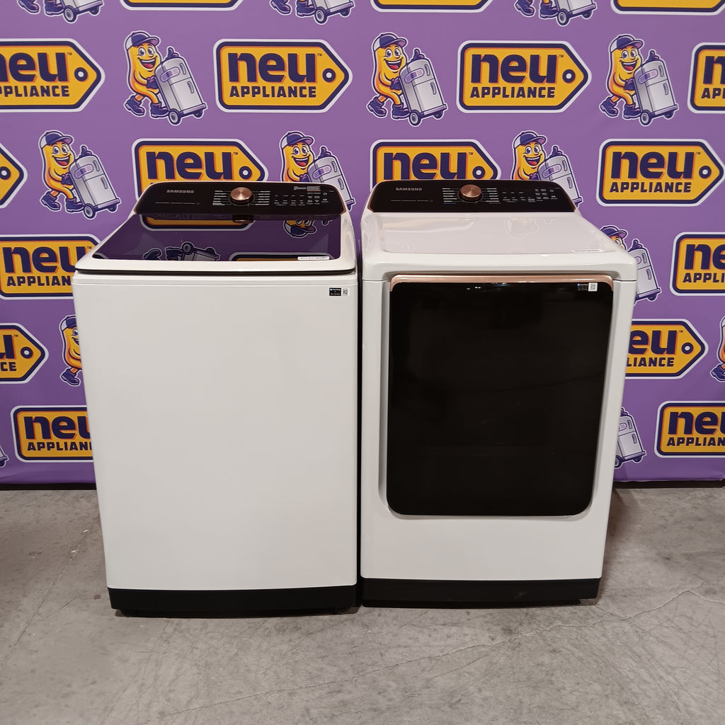 Samsung Smart Top Load 5.5 Cu. Ft. with Auto Dispense Washer WA55CG7500AE - Scratch & Dent (Moderate)  and  Samsung 7.4 cu. ft. Vented Smart Gas Dryer in Ivory with Steam Sanitize+ 16181 - DVG55CG7500E - Scratch & Dent (Moderate)