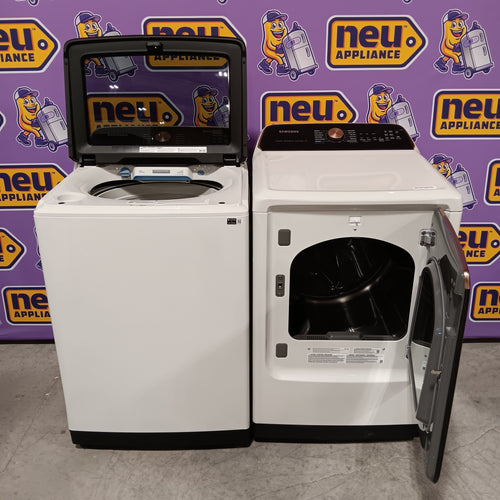 Samsung Smart Top Load 5.5 Cu. Ft. with Auto Dispense Washer WA55CG7500AE - Scratch & Dent (Moderate)  and  Samsung 7.4 cu. ft. Vented Smart Gas Dryer in Ivory with Steam Sanitize+ 16181 - DVG55CG7500E - Scratch & Dent (Moderate)