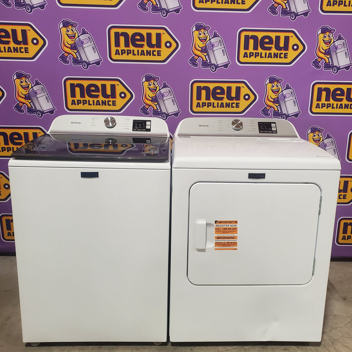 Maytag Top Load 4.8 cu ft Washer with Deep Fill and Slow-Close Glass Lid MVW6200KW - Scratch & Dent (Minor) and Maytag 7.0 cu ft Electric Dryer with Moisture Sensing and Quick Dry Cycle 16190 - MED6200KW - Scratch & Dent (Moderate)