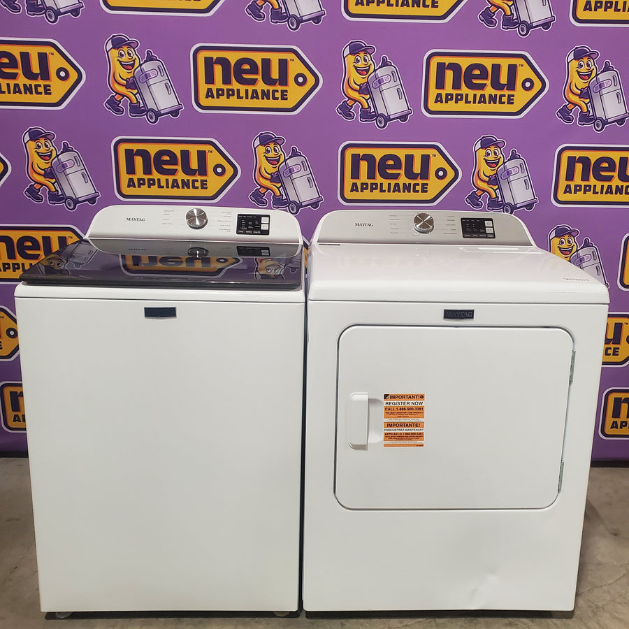 Maytag Top Load 4.8 cu ft Washer with Deep Fill and Slow-Close Glass Lid MVW6200KW - Scratch & Dent (Minor) and Maytag 7.0 cu ft Electric Dryer with Moisture Sensing and Quick Dry Cycle 16190 - MED6200KW - Scratch & Dent (Moderate)