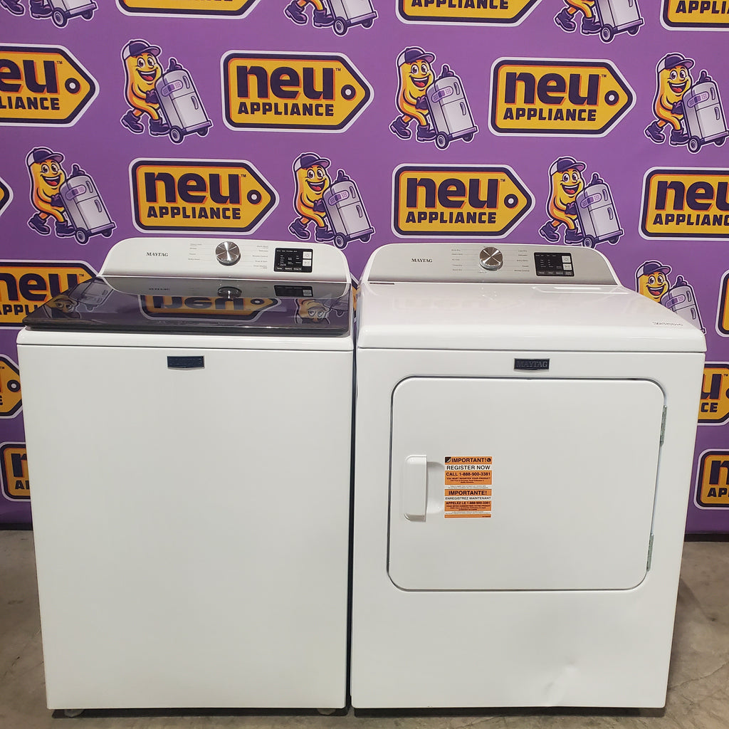 Pictures of Maytag Top Load 4.8 cu ft Washer with Deep Fill and Slow-Close Glass Lid MVW6200KW - Scratch & Dent (Minor) and Maytag 7.0 cu ft Electric Dryer with Moisture Sensing and Quick Dry Cycle 16190 - MED6200KW - Scratch & Dent (Moderate) - Neu Appliance Outlet - Discount Appliance Outlet in Austin, Tx