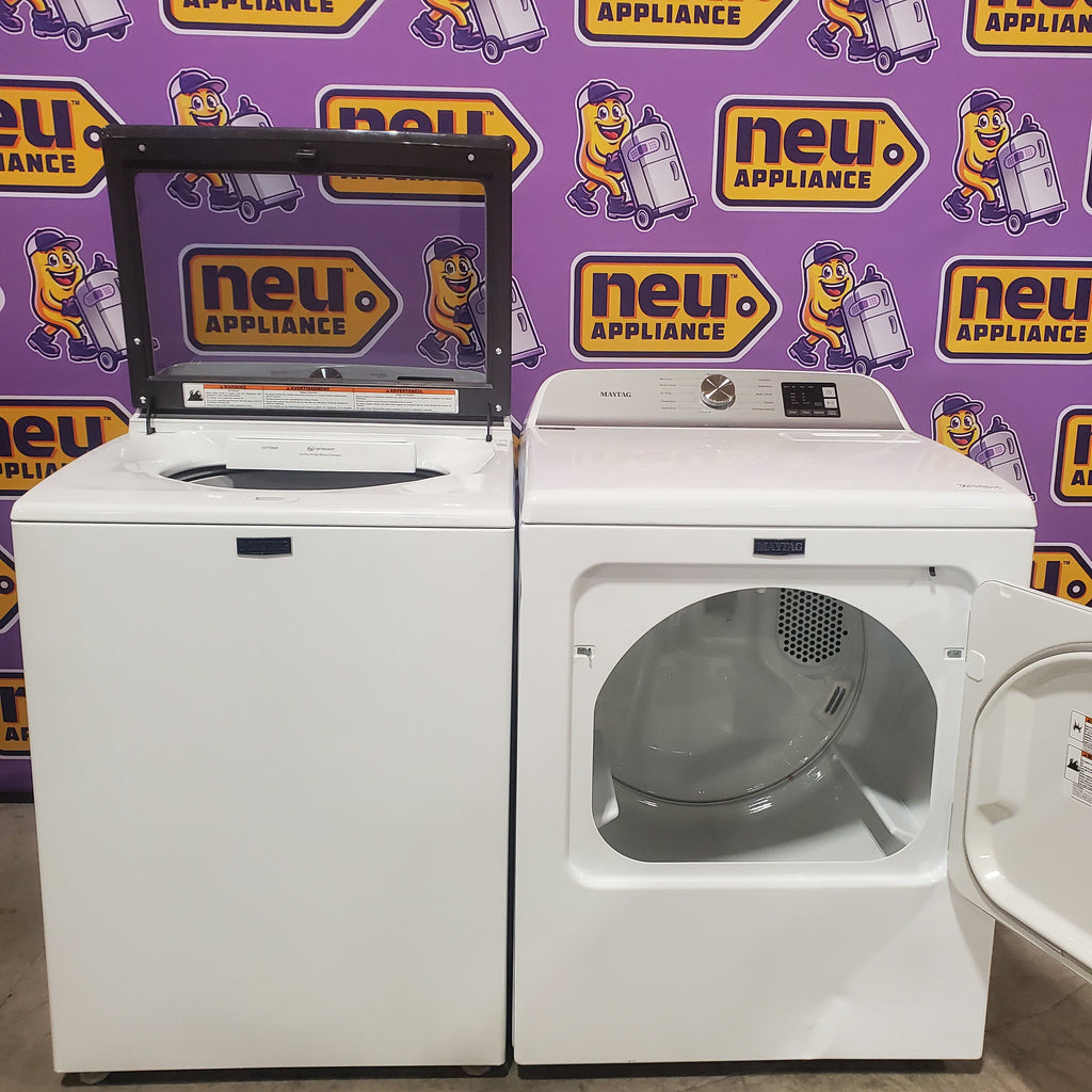 Pictures of Maytag Top Load 4.8 cu ft Washer with Deep Fill and Slow-Close Glass Lid MVW6200KW - Scratch & Dent (Minor) and Maytag 7.0 cu ft Electric Dryer with Moisture Sensing and Quick Dry Cycle 16190 - MED6200KW - Scratch & Dent (Moderate) - Neu Appliance Outlet - Discount Appliance Outlet in Austin, Tx