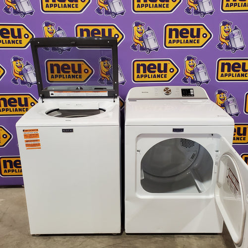 Pictures of Maytag Top Load 4.8 cu ft Washer with Deep Fill and Slow-Close Glass Lid MVW6200KW - Scratch & Dent (Minor) and Maytag 7.0 cu ft Electric Dryer with Moisture Sensing and Quick Dry Cycle 16213 - MED6200KW - Scratch & Dent (Moderate) - Neu Appliance Outlet - Discount Appliance Outlet in Austin, Tx