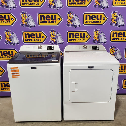 Pictures of Maytag Top Load 4.8 cu ft Washer with Deep Fill and Slow-Close Glass Lid MVW6200KW - Scratch & Dent (Minor) and Maytag 7.0 cu ft Electric Dryer with Moisture Sensing and Quick Dry Cycle 16213 - MED6200KW - Scratch & Dent (Moderate) - Neu Appliance Outlet - Discount Appliance Outlet in Austin, Tx