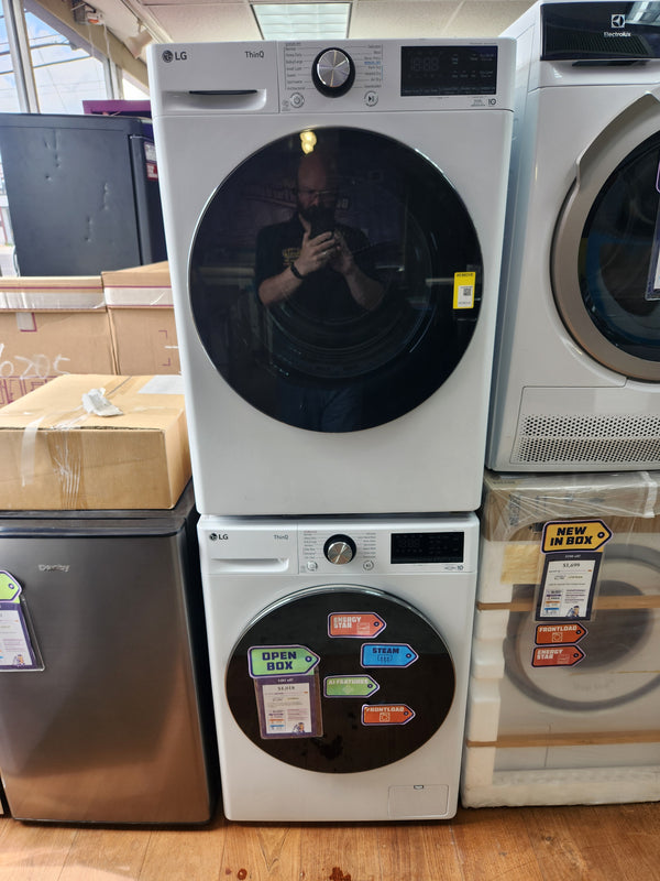 LG 2.4 cu.ft. Compact Front Load Washer with Built-In Intelligence WM1455HWA - Open Box and LG 4.2 cu.ft. Smart wi-fi Enabled Compact Front Load Dryer with Dual Inverter HeatPump™ Technology 16214 - DLHC1455W - Scratch & Dent (Minor)