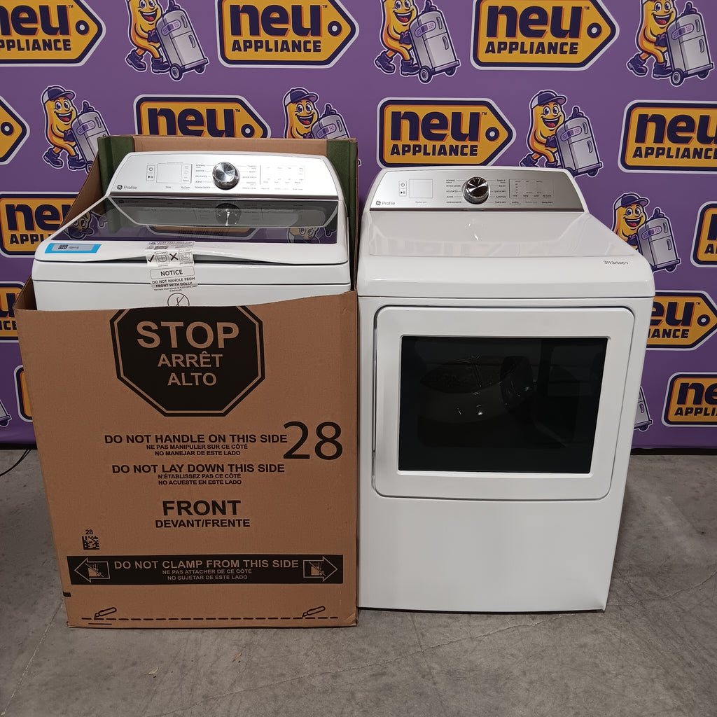 Pictures of GE Profile™ ENERGY STAR® 5.0 cu. ft. Capacity Washer with Smarter Wash Technology PTW600BSRWS - New in Box and GE Profile™ ENERGY STAR® 7.4 cu. ft. Capacity Electric Dryer with Sanitize Cycle 16229 - PTD60EBSRWS - Scratch & Dent (Moderate) - Neu Appliance Outlet - Discount Appliance Outlet in Austin, Tx
