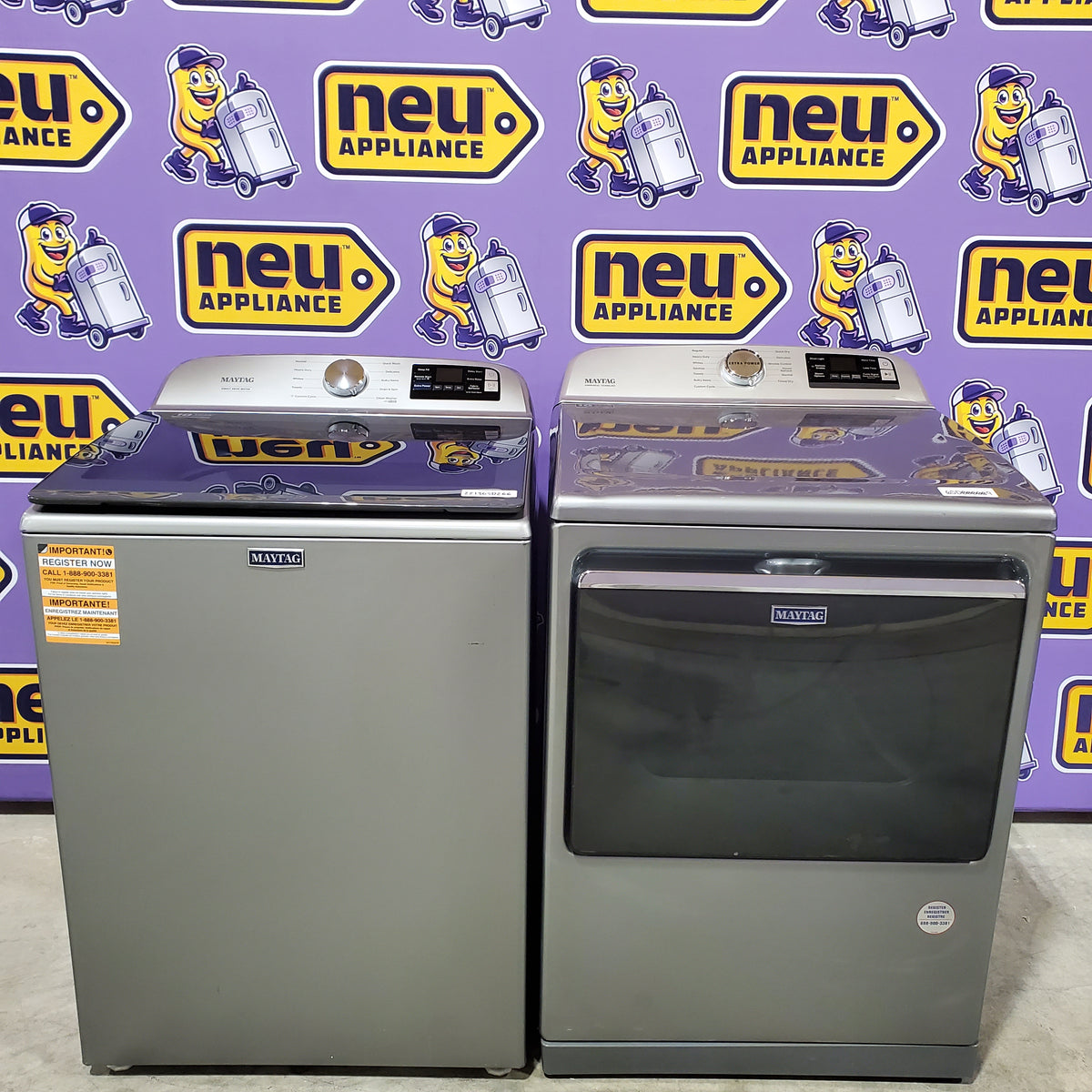 Maytag 5.3 cu. ft. Top Load Washer in Classic Silver with Impeller and Extra Power Option MTW6200RR - Scratch & Dent (Moderate) and Maytag 7.4 Cu. Ft. Metallic Slate Electric Dryer with Extra Power 16243 - MED7230HC - Scratch & Dent (Minor)