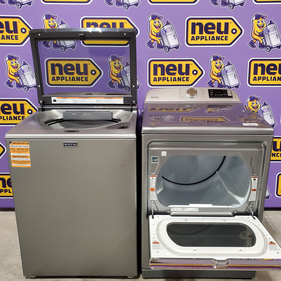 Maytag 5.3 cu. ft. Top Load Washer in Classic Silver with Impeller and Extra Power Option MTW6200RR - Scratch & Dent (Moderate) and Maytag 7.4 Cu. Ft. Metallic Slate Electric Dryer with Extra Power 16243 - MED7230HC - Scratch & Dent (Minor)