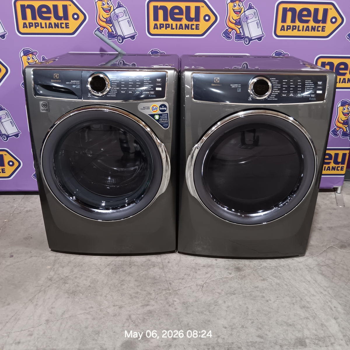 Electrolux Titanium Front Load 600 Series 4.5 Cu. Ft. Washer with Smartboost ELFW7637AT - Scratch & Dent (Minor) and Electrolux 8 cu. ft. vented Front Load Stackable 600 Series Electric Dryer in Titanium with LuxCare Dry 16245 - ELFE7637AT - Open Box