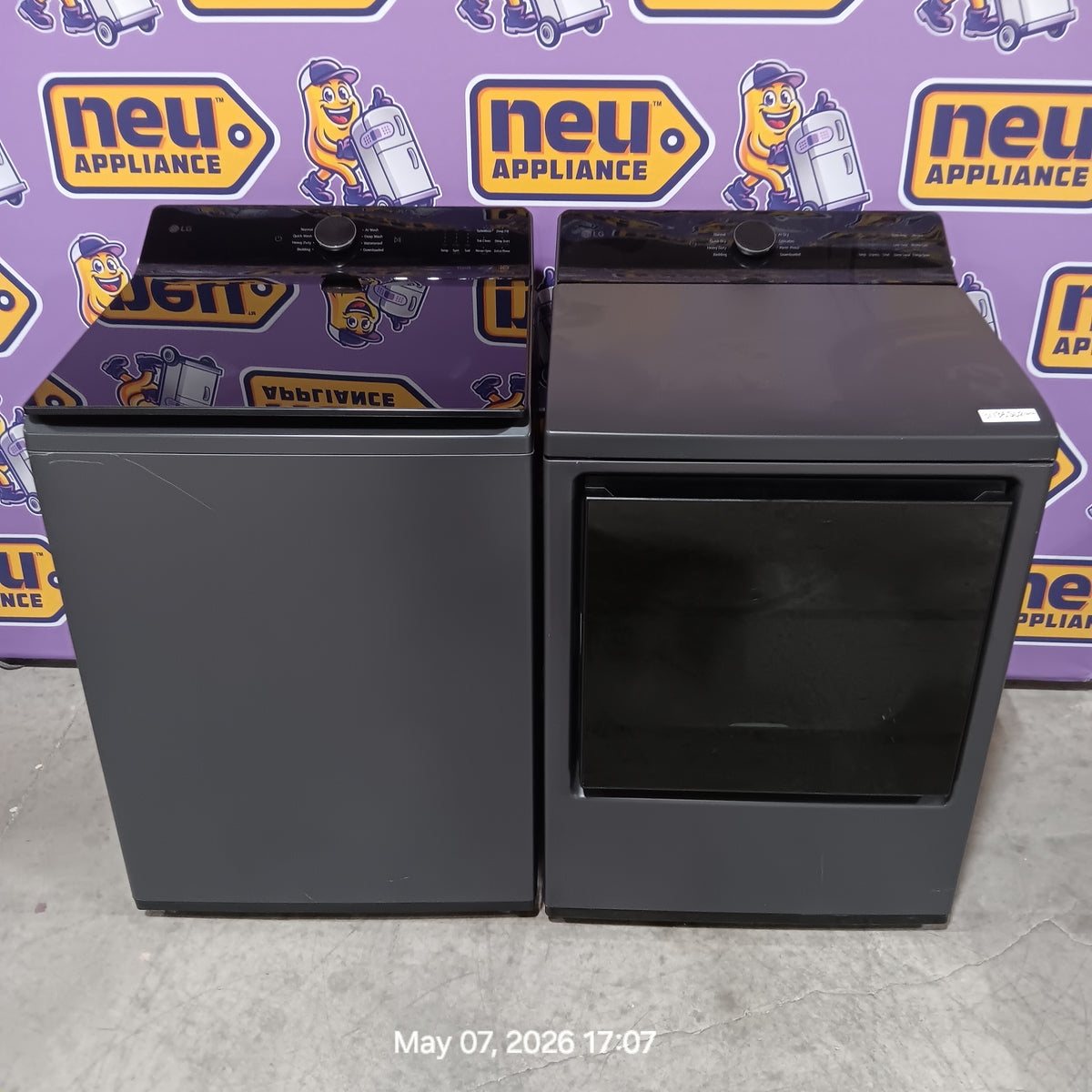 LG 5.3 cu. ft. Smart Top Load Washer with 4-Way® Agitator and AI Sensing EasyUnload™ WT8405CB - Scratch & Dent (Minor) and LG 7.3 cu. ft. Rear Control Electric Dryer with LG EasyLoad™ Door and AI Sensing 16250 - DLE8400BE - Scratch & Dent (Minor)