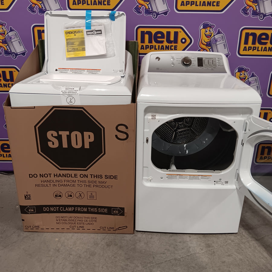 GE Top Load 4.0 Cu. Ft. Capacity Washer with Stainless Steel Wash Basket GTW325ASWWW - New in Box and GE ENERGY STAR 7.4 cu. ft. Capacity Aluminized Alloy Drum Electric Dryer with Sensor Dry 16254 - GTD65EBSJWS - Certified Refurbished