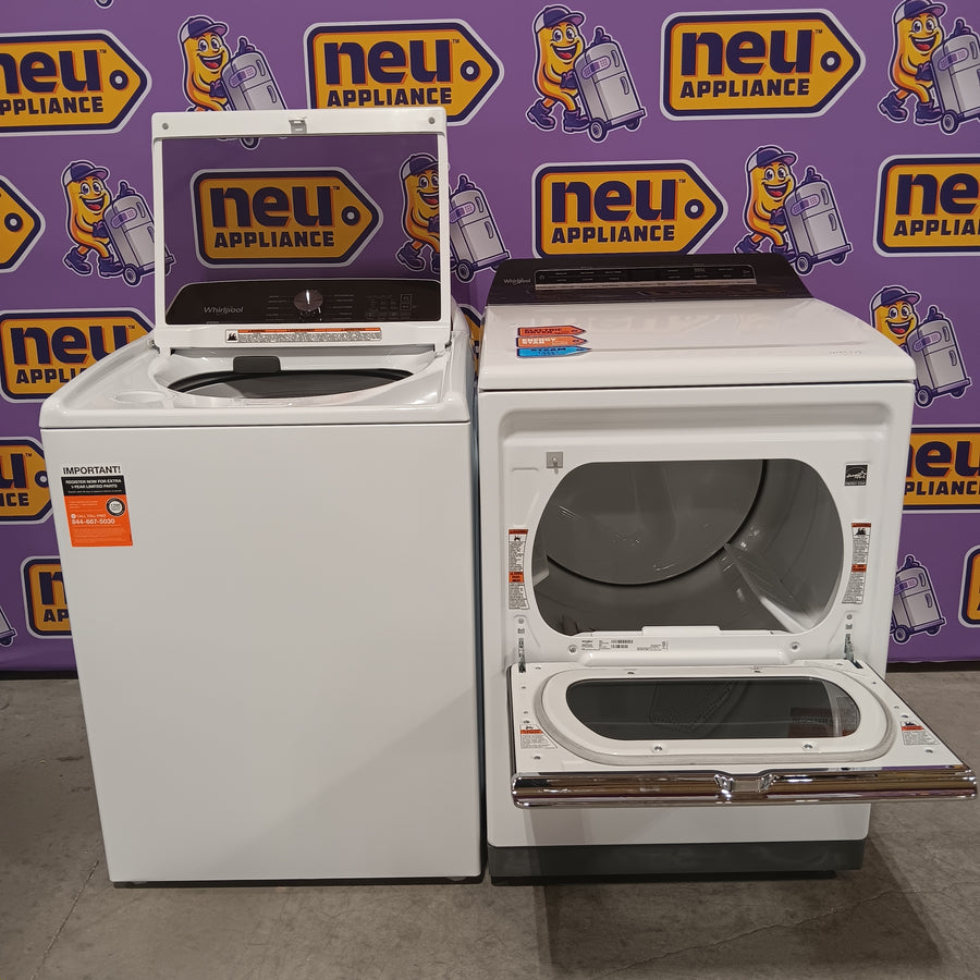 Whirlpool Top Load 4.7 Cu. Ft. Washer with 2-in-1 Removable Agitator in White WTW5057LW - Open Box and Whirlpool 7.4 cu. ft. White Electric Dryer with Steam and Advanced Moisture Sensing Technology, ENERGY STAR 16263 - WED8127LW - Scratch & Dent (Minor)