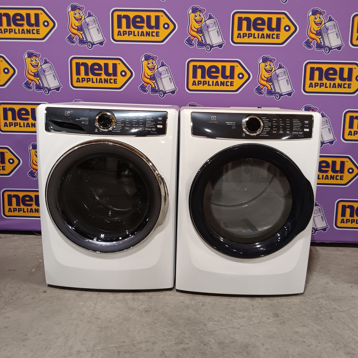 Electrolux 4.5 Cu.Ft. Stackable Front Load Washer with Steam and SmartBoost Wash System ELFW7637AW  - Open Box and Electrolux 8.0 Cu. Ft. Front Load Perfect Steam™ Gas Dryer with LuxCare® Dry and Instant Refresh ELFG7626BW - Scratch & Dent (Minor)