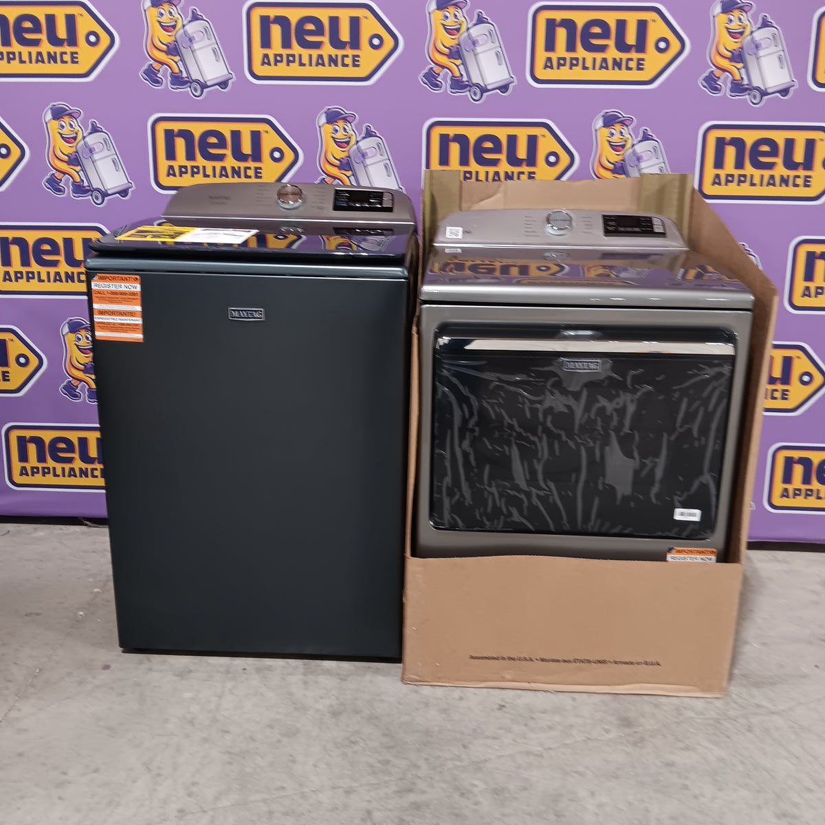 Maytag 5.2 cu. ft. Pet Pro Top Load Washer in Midnight Steel with Agitator, Extra Power and Sanitize Cycle with Oxi MTW7205RF - Open Box and Maytag 7.4 cu. ft. Smart Top Load Electric Dryer with Extra Power 16271 - MED6230HC - New in Box
