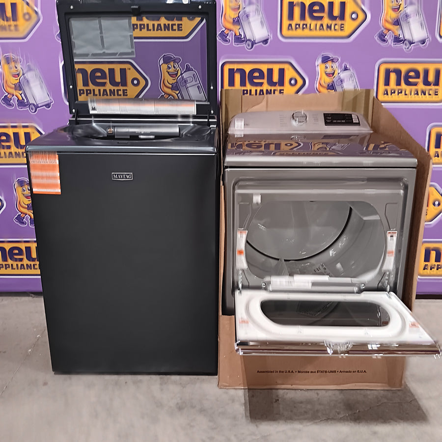 Maytag 5.2 cu. ft. Pet Pro Top Load Washer in Midnight Steel with Agitator, Extra Power and Sanitize Cycle with Oxi MTW7205RF - Open Box and Maytag 7.4 cu. ft. Smart Top Load Electric Dryer with Extra Power 16271 - MED6230HC - New in Box