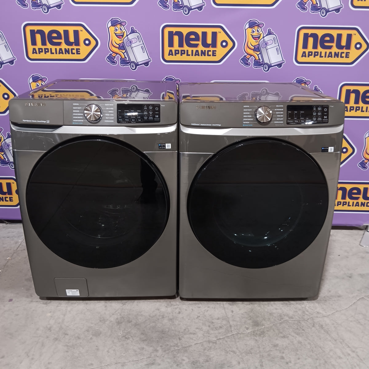 Samsung 4.5 cu. ft. Large Capacity Smart Front Load Washer with Super Speed Wash in Platinum WF45B6300AP - Scratch & Dent (Minor) and Samsung 7.5 cu. ft. Front Load Electric Dryer with Steam 16272 - DVE45B6300P - Scratch & Dent (Minor)
