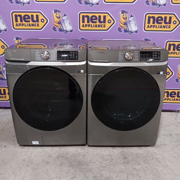 Samsung 4.5 cu. ft. Large Capacity Smart Front Load Washer with Super Speed Wash in Platinum WF45B6300AP - Scratch & Dent (Minor) and Samsung 7.5 cu. ft. Front Load Electric Dryer with Steam 16272 - DVE45B6300P - Scratch & Dent (Minor)