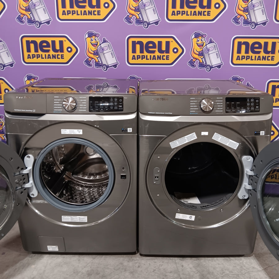Samsung 4.5 cu. ft. Large Capacity Smart Front Load Washer with Super Speed Wash in Platinum WF45B6300AP - Scratch & Dent (Minor) and Samsung 7.5 cu. ft. Front Load Electric Dryer with Steam 16272 - DVE45B6300P - Scratch & Dent (Minor)
