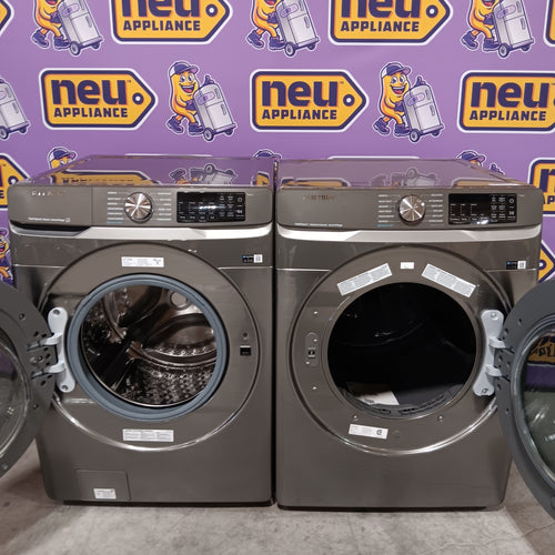 Samsung 4.5 cu. ft. Large Capacity Smart Front Load Washer with Super Speed Wash in Platinum WF45B6300AP - Scratch & Dent (Minor) and Samsung 7.5 cu. ft. Front Load Electric Dryer with Steam 16272 - DVE45B6300P - Scratch & Dent (Minor)