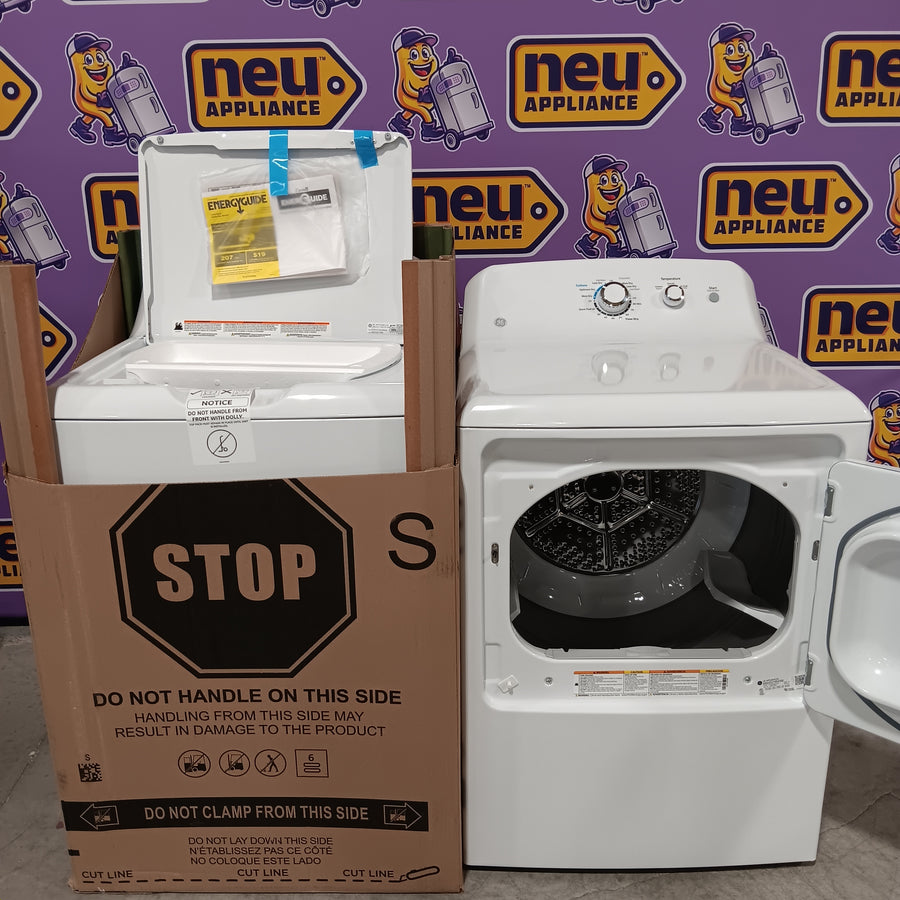 GE White Top Load 4.0 Cu. Ft. Capacity Washer with Stainless Steel Wash Basket GTW325ASWWW - New in Box and GE White Electric 6.2 Cu. Ft. Capacity Dryer with Shallow Depth and Up to 120 Ft. Venting Capability 16274 - GTX33EASKWW - Scratch & Dent (Minor)