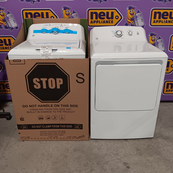 GE White Top Load 4.0 Cu. Ft. Capacity Washer with Stainless Steel Wash Basket GTW325ASWWW - New in Box and GE 7.2 cu. ft. Capacity Aluminized Alloy Drum Electric Dryer 16278 - GTD33EASKWW - Certified Refurbished
