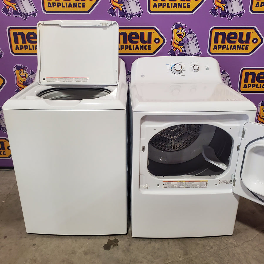 GE 4.5 cu. ft. Capacity Washer with Stainless Steel Basket in White GTW465ASNWW - Certified Refurbished and GE White Electric 6.2 Cu. Ft. Capacity Dryer with Shallow Depth and Up to 120 Ft. Venting Capability 16289 - GTD45EASJWS - Open Box