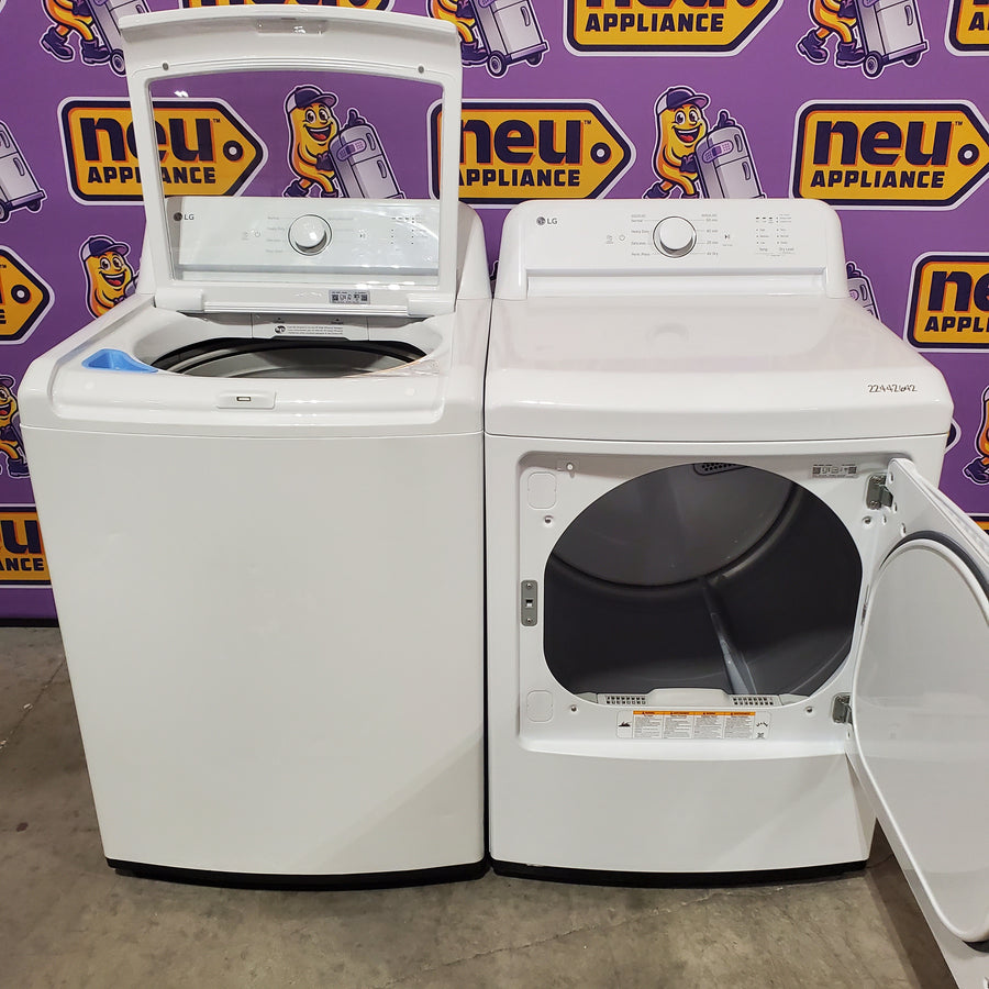 LG Top Load 4.1 Cu. Ft. Washer with TurboDrum Technology in White WT6105CW - Scratch & Dent (Moderate) and LG 7.3 Cu. Ft.  Electric Rear Control Ultra Large Capacity Dryer in White with Sensor Dry 16297 - DLE6100W - Open Box